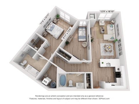 a 3d floor plan of a home with a bedroom and a living room